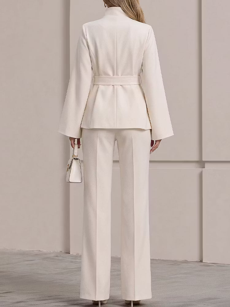 Belted Stand Collar Tunic & Wide Leg Pants Set