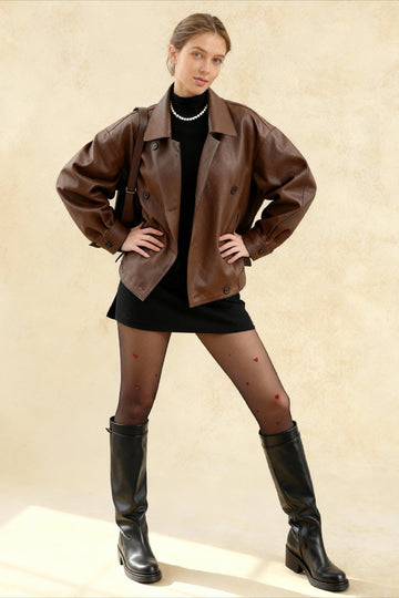 Retro Leather Blazer Collar Elegant Coat