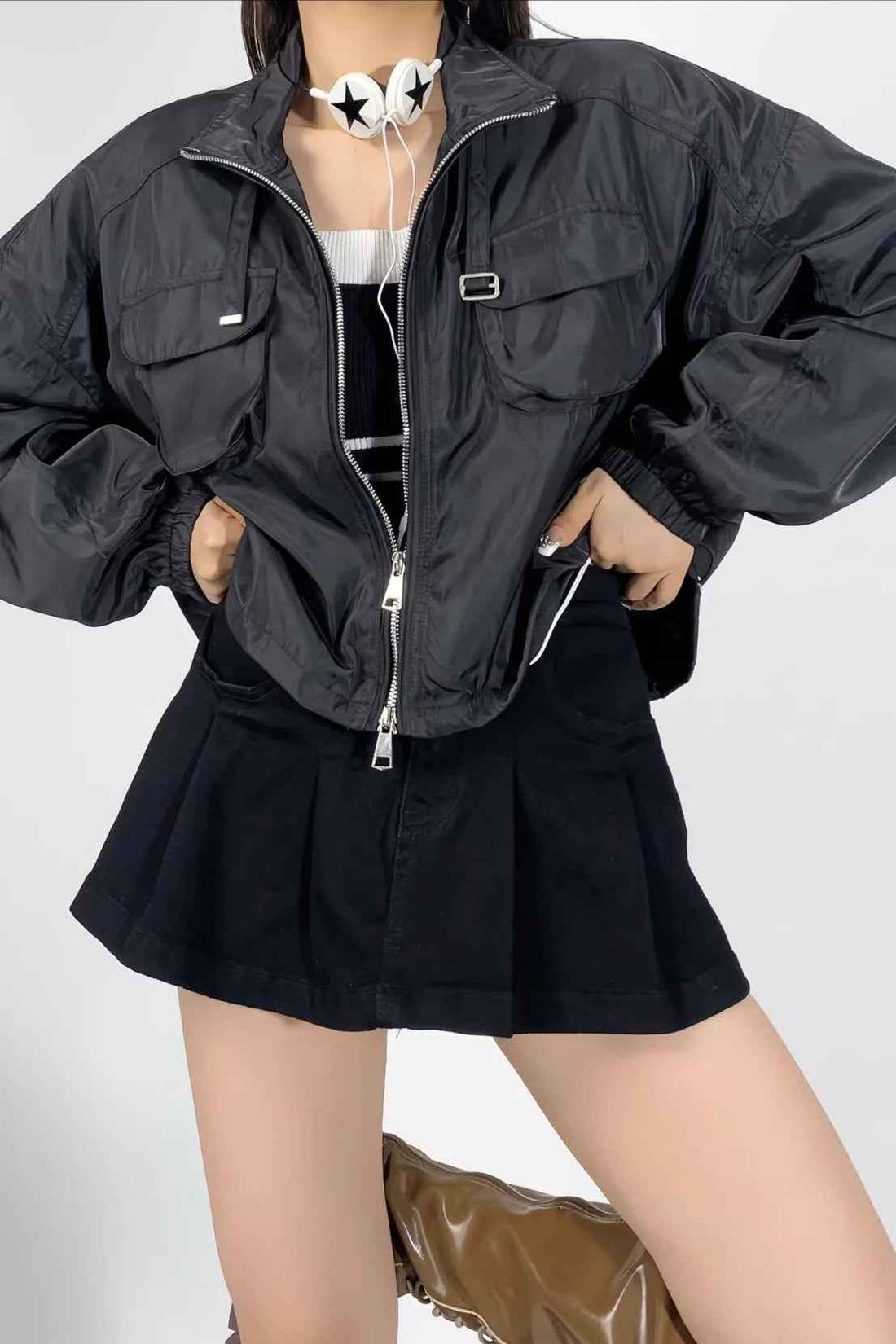Short Utility Jacket with Stand Collar and Zip Closure