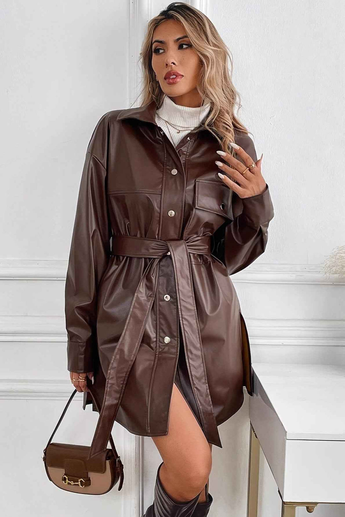 Half-Length Faux Leather Coat with Lapel and Tie Belt