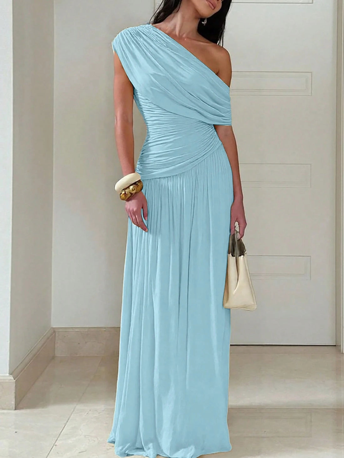Slanted Collar Pleated Party Dress