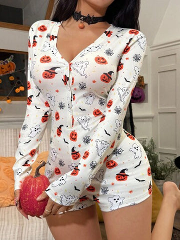 SHEIN Women's Halloween Ghost & Pumpkin Pattern Knitted V-Neck Button Pajamas Romper,White Autumn Cute Modest Party Cozy Elegant Fall Pajama Romper