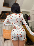 SHEIN Women's Halloween Ghost & Pumpkin Pattern Knitted V-Neck Button Pajamas Romper,White Autumn Cute Modest Party Cozy Elegant Fall Pajama Romper