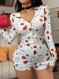 SHEIN Women's Halloween Ghost & Pumpkin Pattern Knitted V-Neck Button Pajamas Romper,White Autumn Cute Modest Party Cozy Elegant Fall Pajama Romper