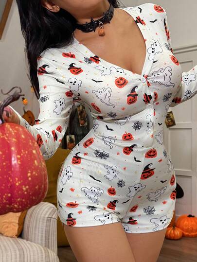 SHEIN Women's Halloween Ghost & Pumpkin Pattern Knitted V-Neck Button Pajamas Romper,White Autumn Cute Modest Party Cozy Elegant Fall Pajama Romper