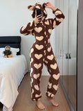 SHEIN Women's Plush Heart Pattern Ear Decor Hooded Fluffy Romper, For Fall Winter, Cozy