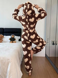 SHEIN Women's Plush Heart Pattern Ear Decor Hooded Fluffy Romper, For Fall Winter, Cozy