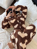 SHEIN Women's Plush Heart Pattern Ear Decor Hooded Fluffy Romper, For Fall Winter, Cozy