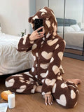SHEIN Women's Plush Heart Pattern Ear Decor Hooded Fluffy Romper, For Fall Winter, Cozy