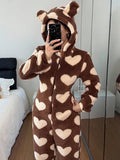 SHEIN Women's Plush Heart Pattern Ear Decor Hooded Fluffy Romper, For Fall Winter, Cozy