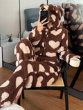 SHEIN Women's Plush Heart Pattern Ear Decor Hooded Fluffy Romper, For Fall Winter, Cozy