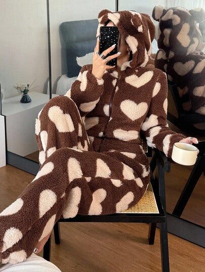 SHEIN Women's Plush Heart Pattern Ear Decor Hooded Fluffy Romper, For Fall Winter, Cozy
