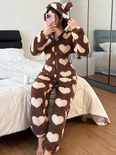 SHEIN Women's Plush Heart Pattern Ear Decor Hooded Fluffy Romper, For Fall Winter, Cozy