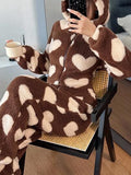 SHEIN Women's Plush Heart Pattern Ear Decor Hooded Fluffy Romper, For Fall Winter, Cozy