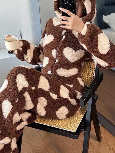 SHEIN Women's Plush Heart Pattern Ear Decor Hooded Fluffy Romper, For Fall Winter, Cozy