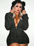 Women's Autumn And Winter Plush Velvet Jumpsuit Warm Zipper One-Piece Pajamas With Hood And Bear Ears Warm Jumpsuit Home Comfortable And Cute