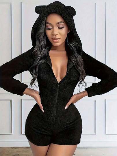 Women's Autumn And Winter Plush Velvet Jumpsuit Warm Zipper One-Piece Pajamas With Hood And Bear Ears Warm Jumpsuit Home Comfortable And Cute
