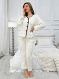 2pcs Women Winter Long Sleeve Top & Pants Fluffy Pajama Set, Jacquard Fleece Casual Loungewear