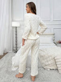 2pcs Women Winter Long Sleeve Top & Pants Fluffy Pajama Set, Jacquard Fleece Casual Loungewear