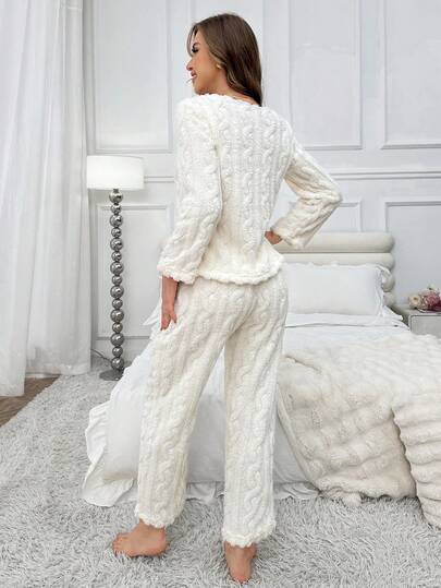 2pcs Women Winter Long Sleeve Top & Pants Fluffy Pajama Set, Jacquard Fleece Casual Loungewear