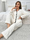 2pcs Women Winter Long Sleeve Top & Pants Fluffy Pajama Set, Jacquard Fleece Casual Loungewear