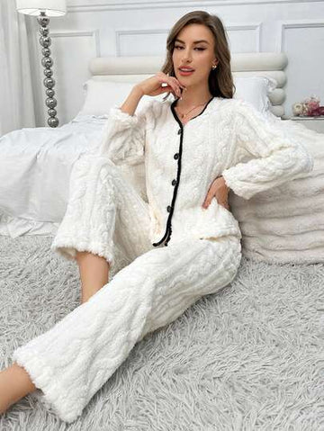 2pcs Women Winter Long Sleeve Top & Pants Fluffy Pajama Set, Jacquard Fleece Casual Loungewear