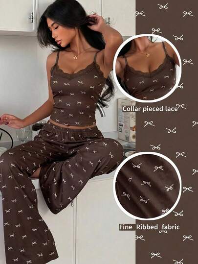 ZzzCrew Women's Pink Bow Print Fine Ribbed Lace Patchwork V-Neck Cami & Long Pants Pajama Set, Sexy Style
