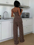 ZzzCrew Women's Pink Bow Print Fine Ribbed Lace Patchwork V-Neck Cami & Long Pants Pajama Set, Sexy Style