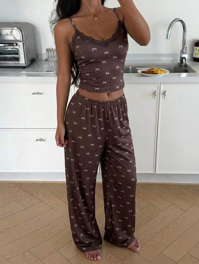 ZzzCrew Women's Pink Bow Print Fine Ribbed Lace Patchwork V-Neck Cami & Long Pants Pajama Set, Sexy Style