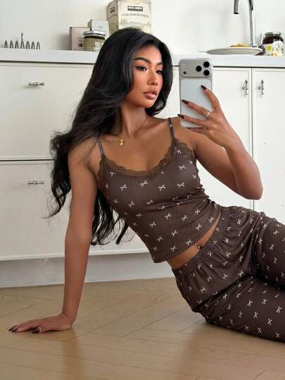 ZzzCrew Women's Pink Bow Print Fine Ribbed Lace Patchwork V-Neck Cami & Long Pants Pajama Set, Sexy Style