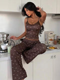 ZzzCrew Women's Pink Bow Print Fine Ribbed Lace Patchwork V-Neck Cami & Long Pants Pajama Set, Sexy Style