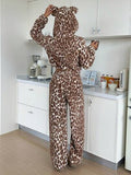 ZzzCrew Women's Double-Sided Arctic Print Apricot Leopard Pattern Hooded Pajama Set