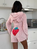 ZzzCrew Strawberry Embroidered Soft Jacquard Plush Long Sleeve Shorts Animal Shaped Hooded One-Piece Pajamas