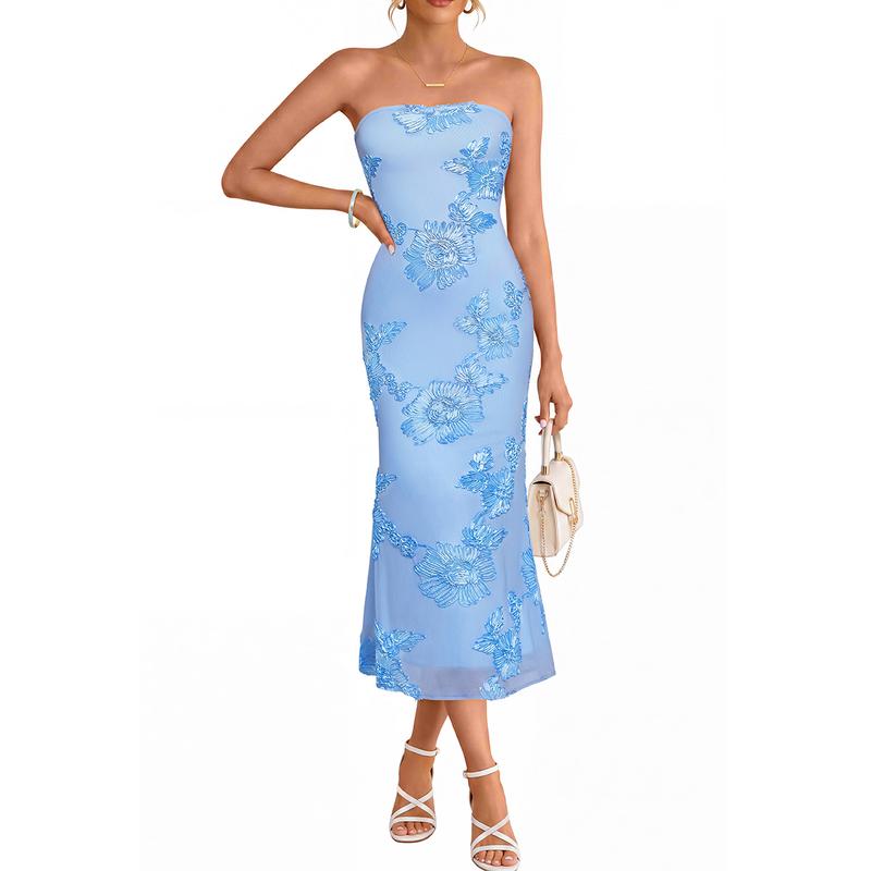 Blue Lace Detail Midi Dress