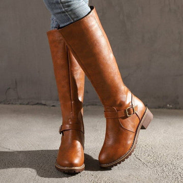 Women's Classic Buckle Knee-High Boots – Leather, Casual for Everyday Wear