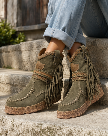 Women's Suede Western Boots with Fringes and Non-Slip Soles