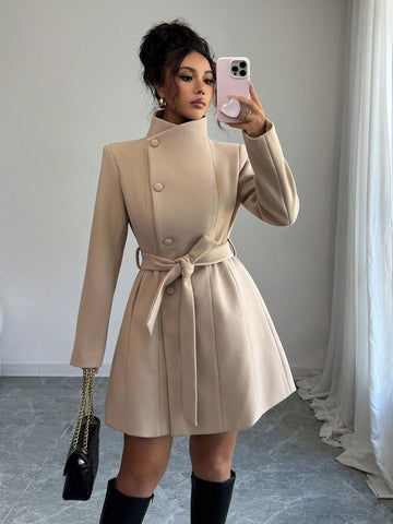 Women's Tweed Coat with Belt and Pockets