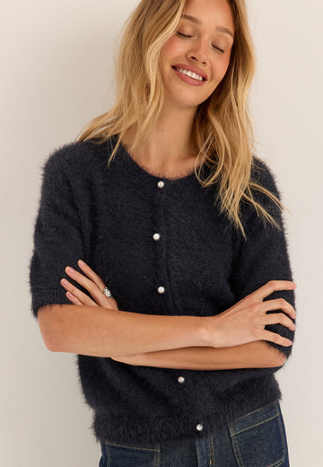 Short Sleeve Fluffy Knitted Cardigan