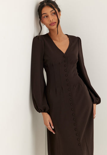 Midi Button Volume Sleeve Dress