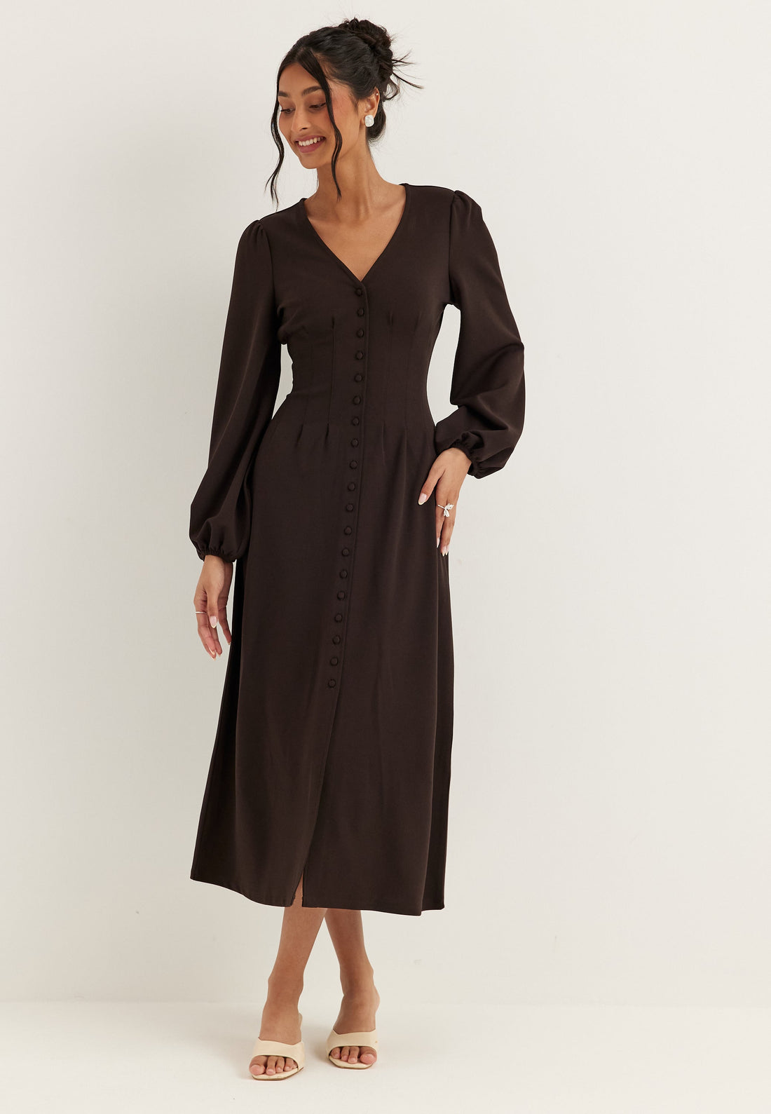 Midi Button Volume Sleeve Dress
