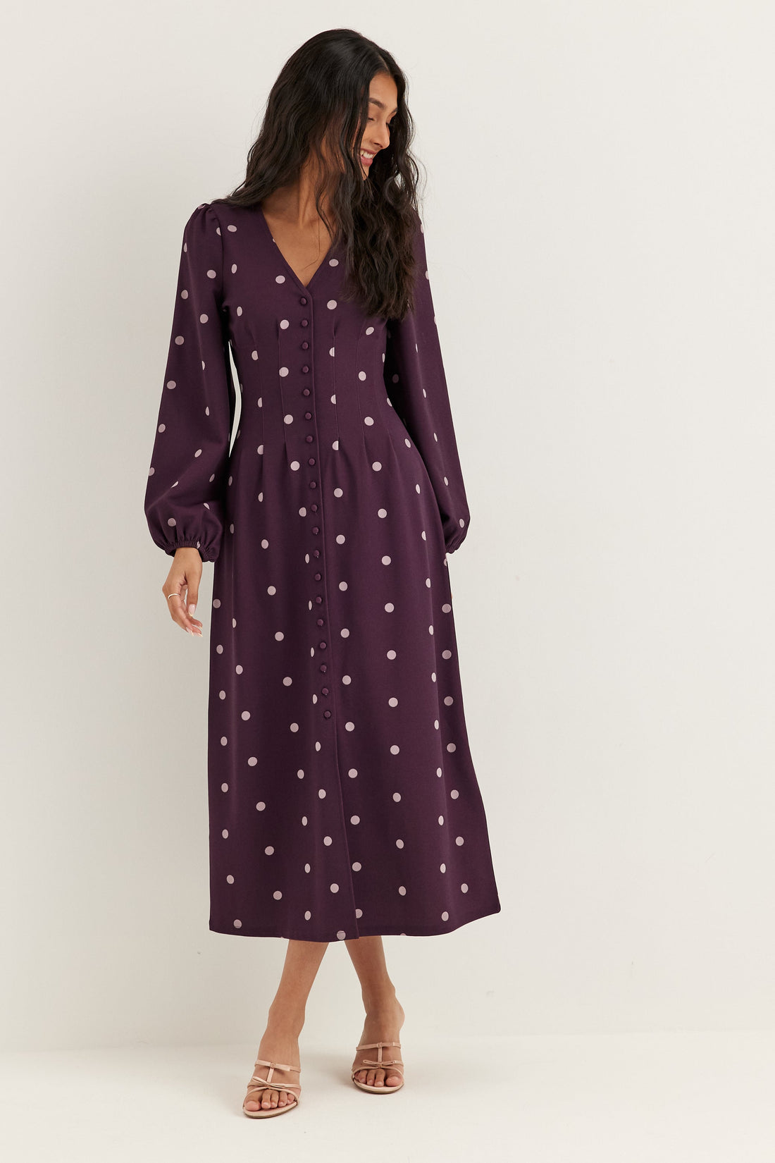 Midi Button Volume Sleeve Dress