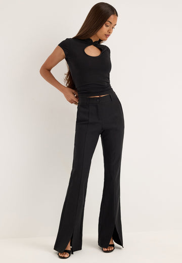 Mid Waist Stretchy Flared Slit Trousers