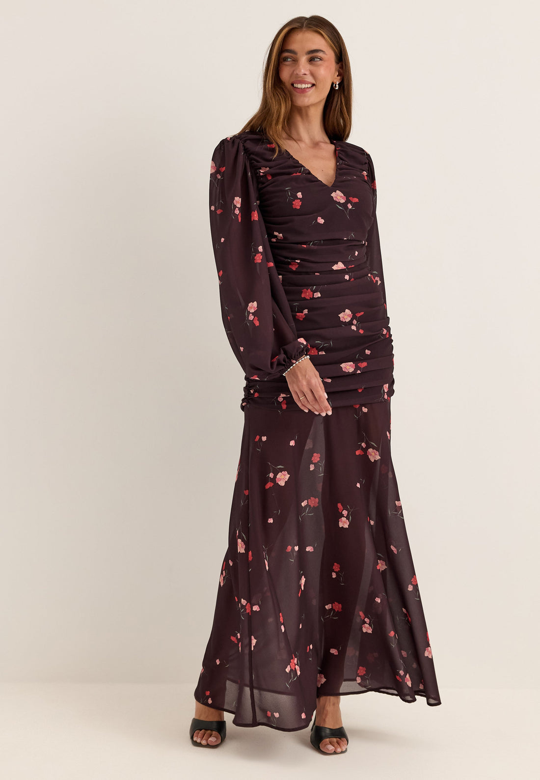 Balloon Sleeve Chiffon Maxi Dress