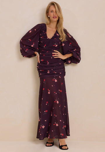 Balloon Sleeve Chiffon Maxi Dress