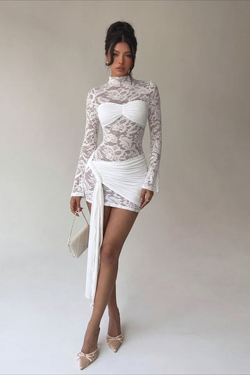 Lace Panel High Neck Draped Asymmetric Mini Dress