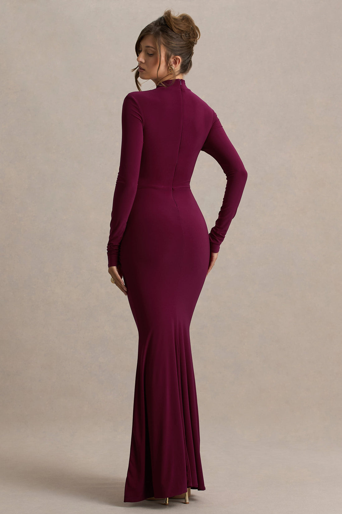 Pietra | Berry High-Neck Long Sleeve Knot Maxi Dress
