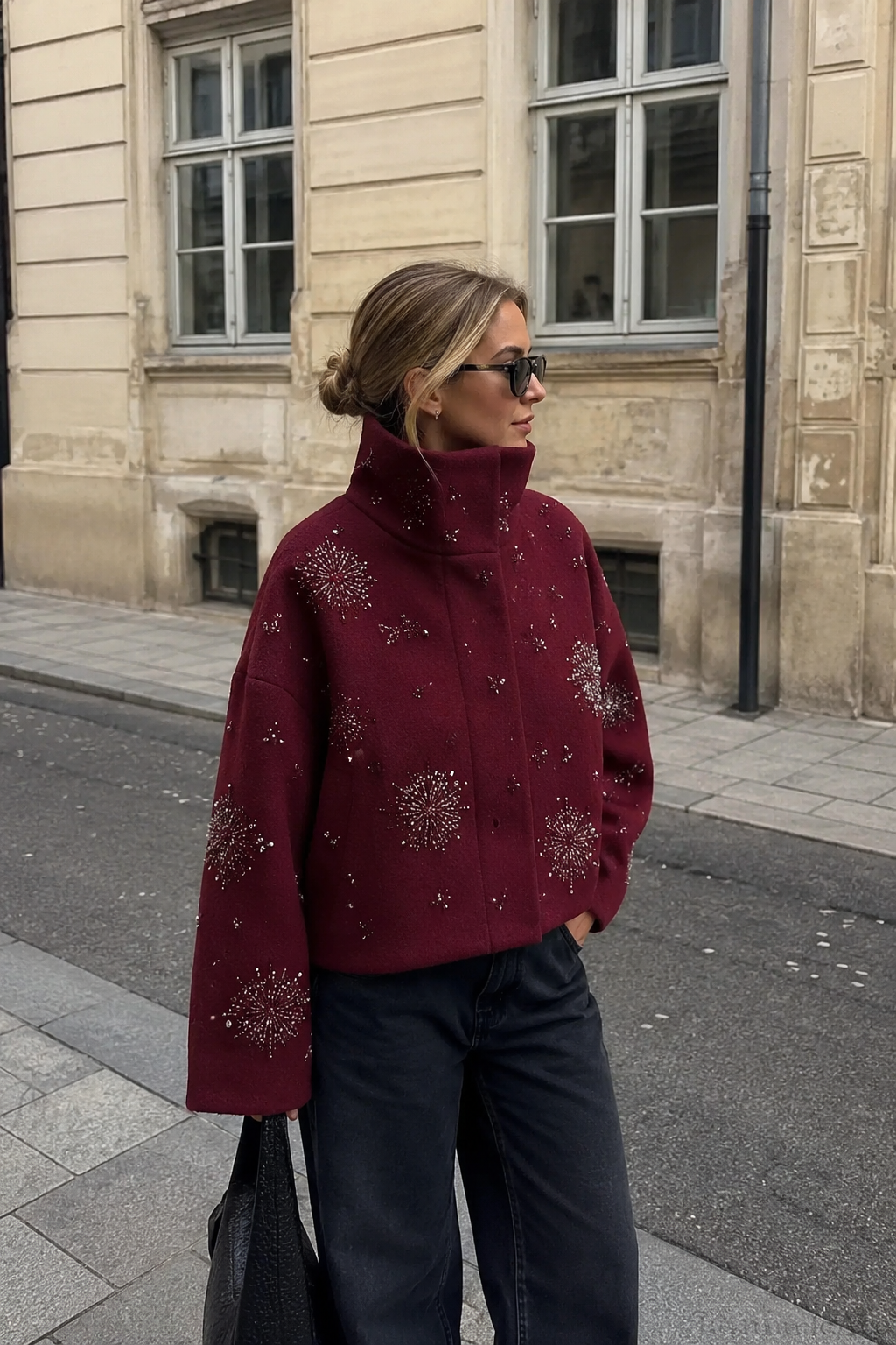 Brushed Fabric Coat with Pearl and Sequin Floral Appliqué