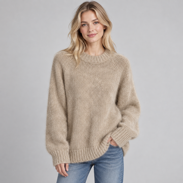 Women's Fluffy Knit Round Neck Jumper - Soft Long Sleeve Solid Casual Pullover Sweater