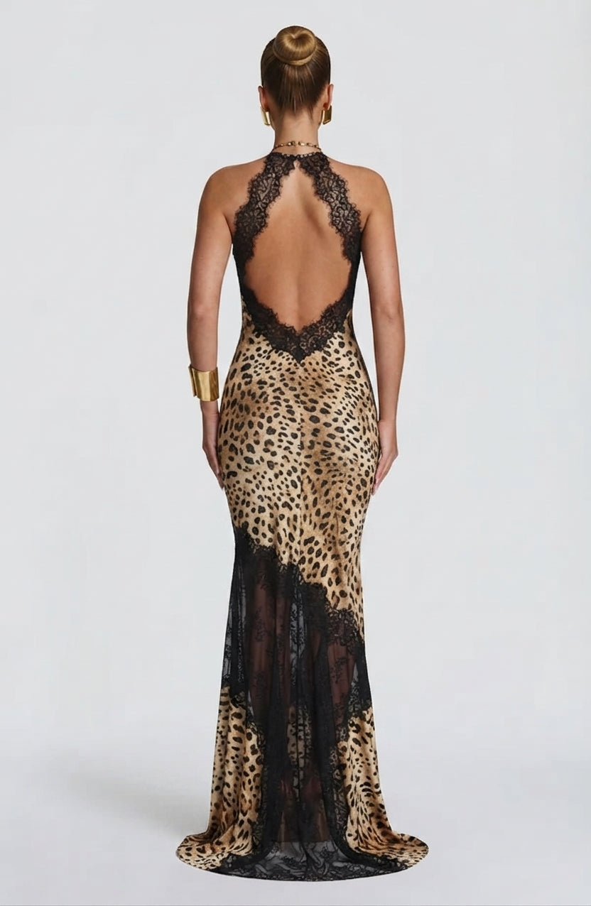 Leopard Print Lace Halter Maxi Dress
