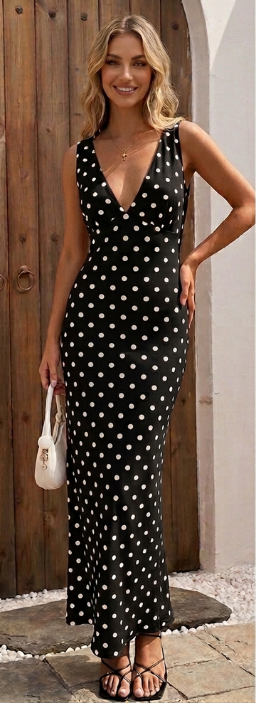 Halter Neck Backless Polka Dot Maxi Dress